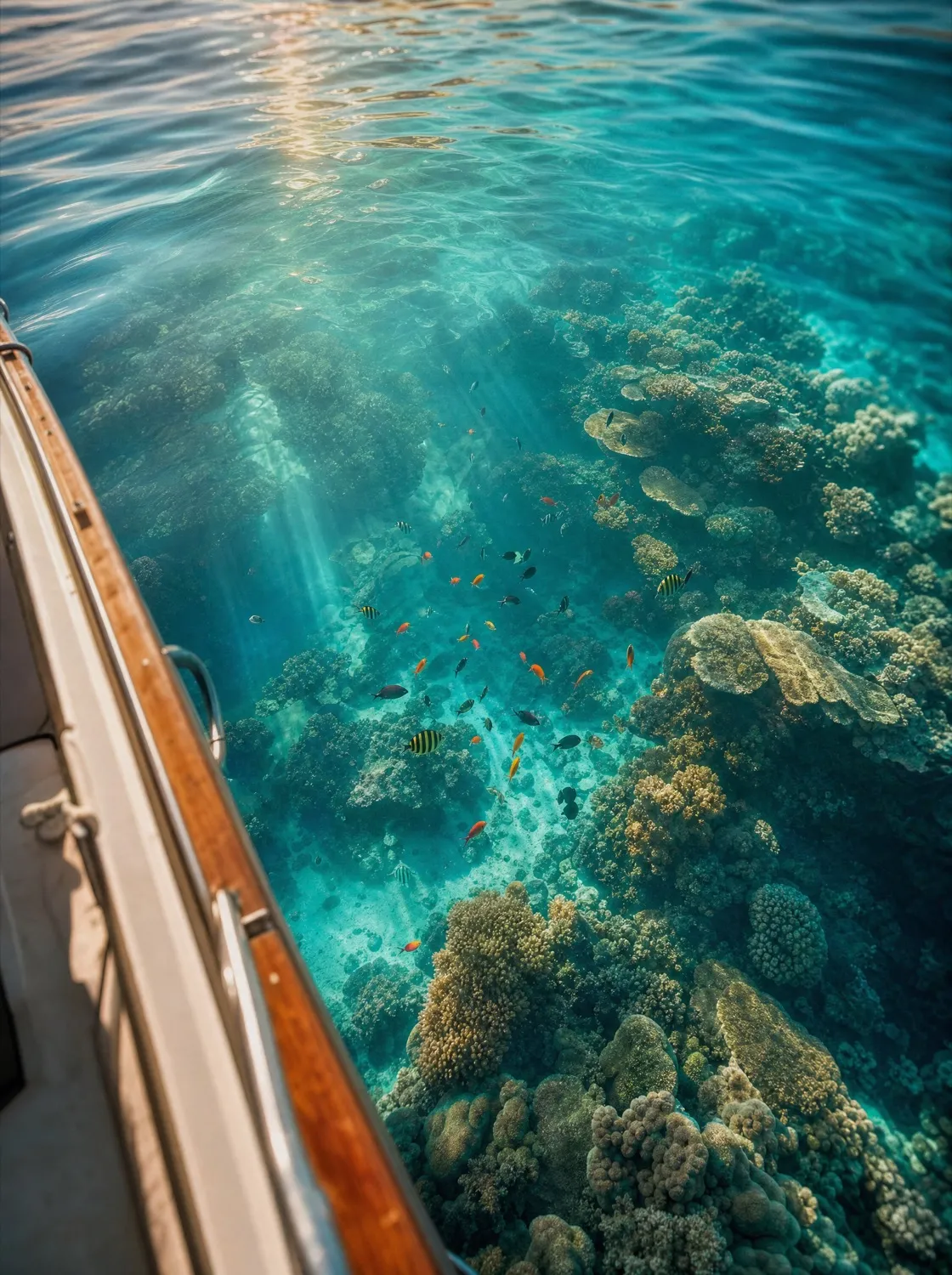 Clear turquoise water and coral reef seen from the boat