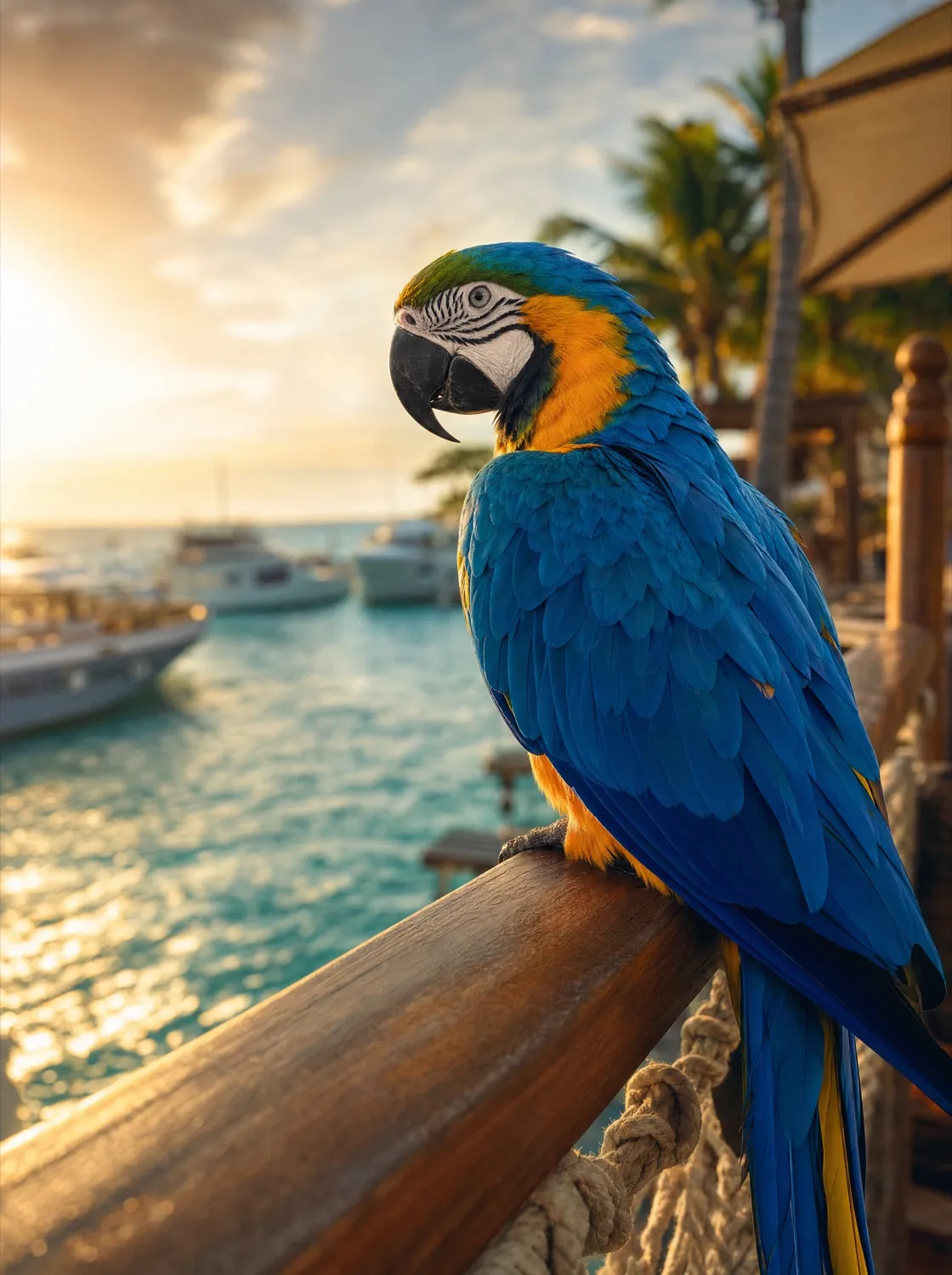 Rio, a blue-and-gold macaw, at the marina