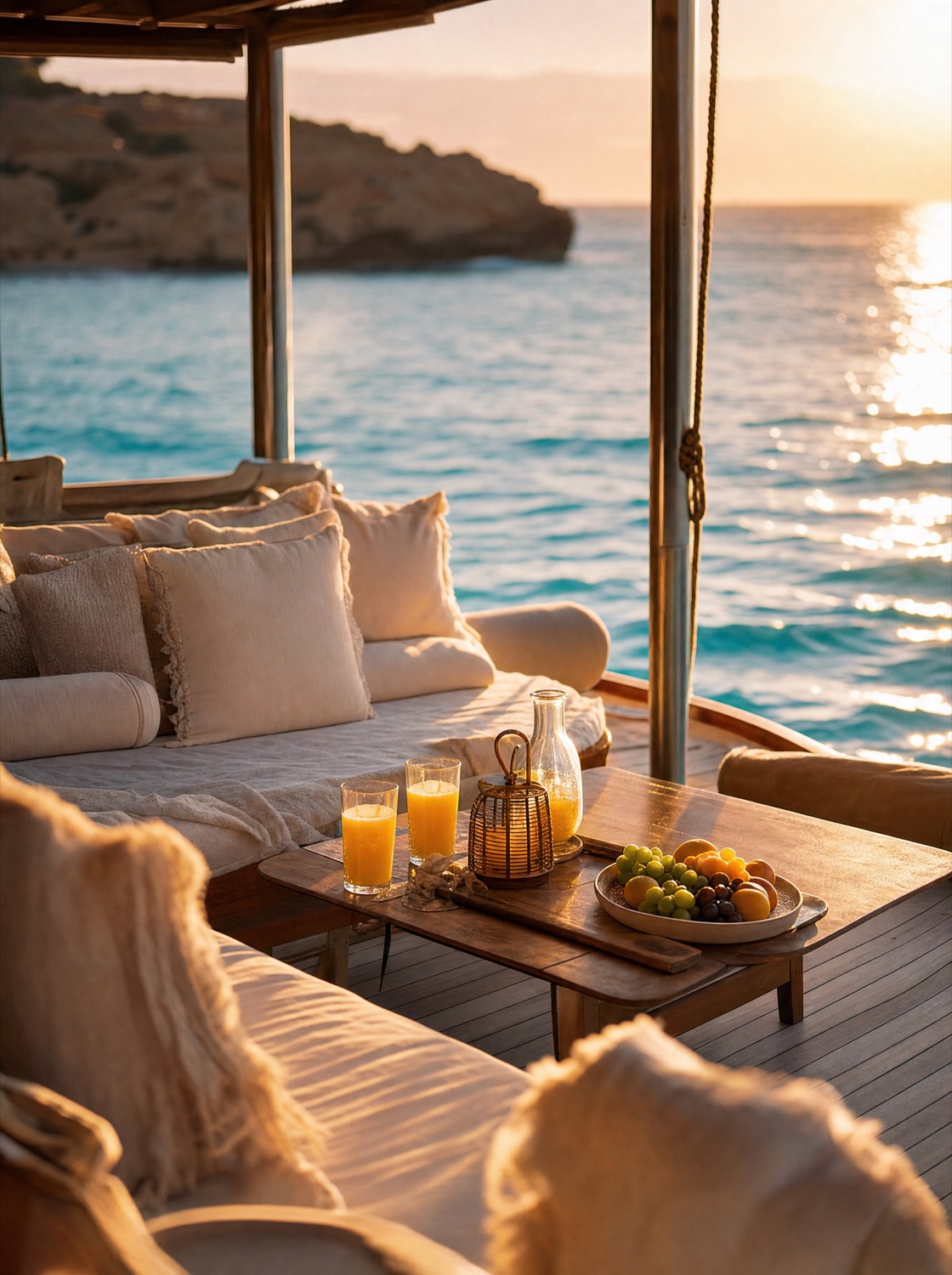 Intimate private boat deck with cushions at golden hour