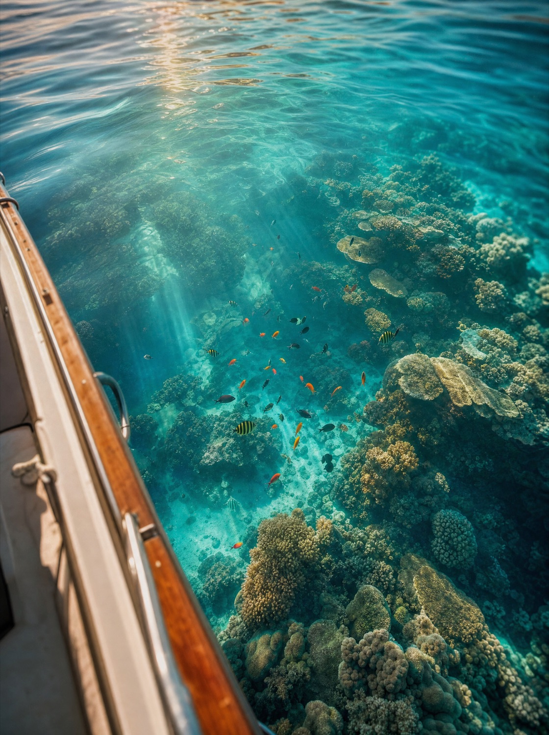 Looking down into clear turquoise water and coral reef