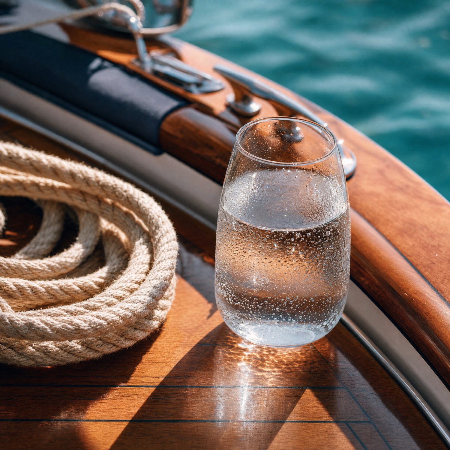 Close-up of the boat deck with a cold drink and turquoise reflections